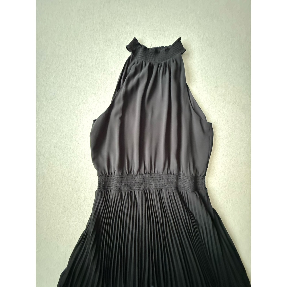 White House Black Market Black Pleated Halter Midi Dress Smocked Waist Size 12